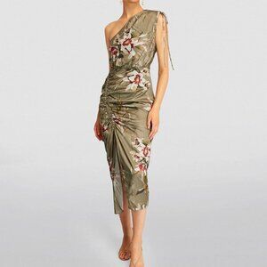 AllSaints Ira Dorada Silk Asymmetrical One Shoulder Midi Dress